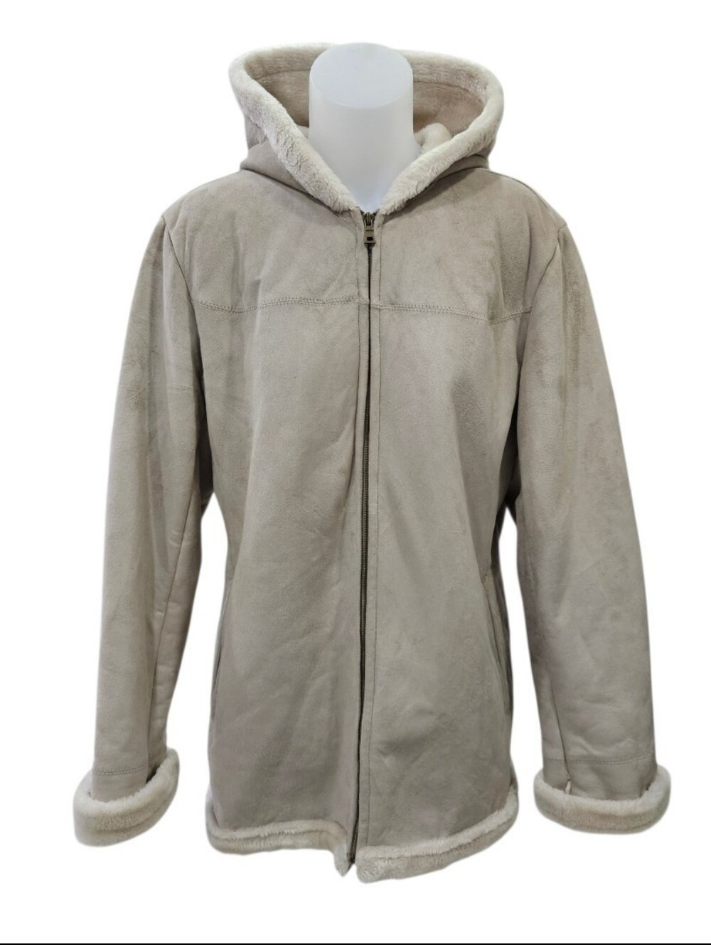 Fleet Street Faux Fur Shearling Hooded Coat Sz L Full Zip Tan Suede Sherpa